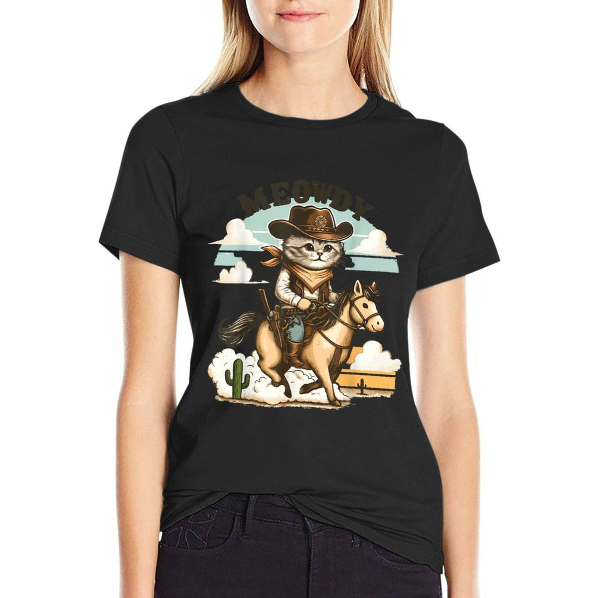 Meowdy Partner Cat Cowboy Horse Howdy Funny Country Western Tagless Design T-Shirt