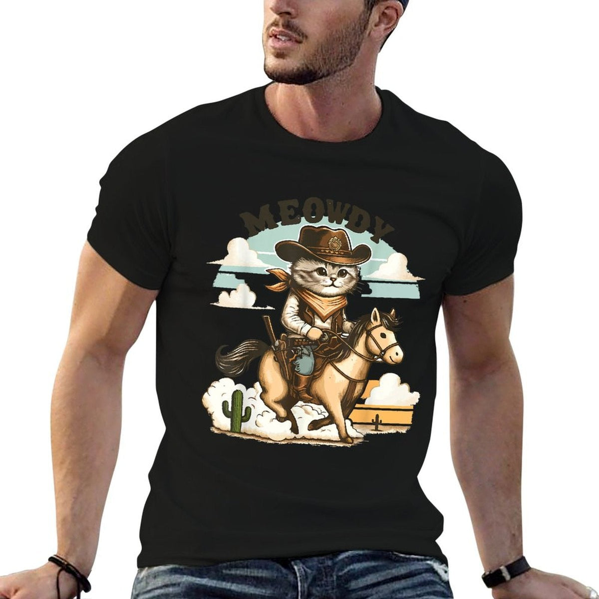 Meowdy Partner Cat Cowboy Horse Howdy Funny Country Western Tagless Design T-Shirt