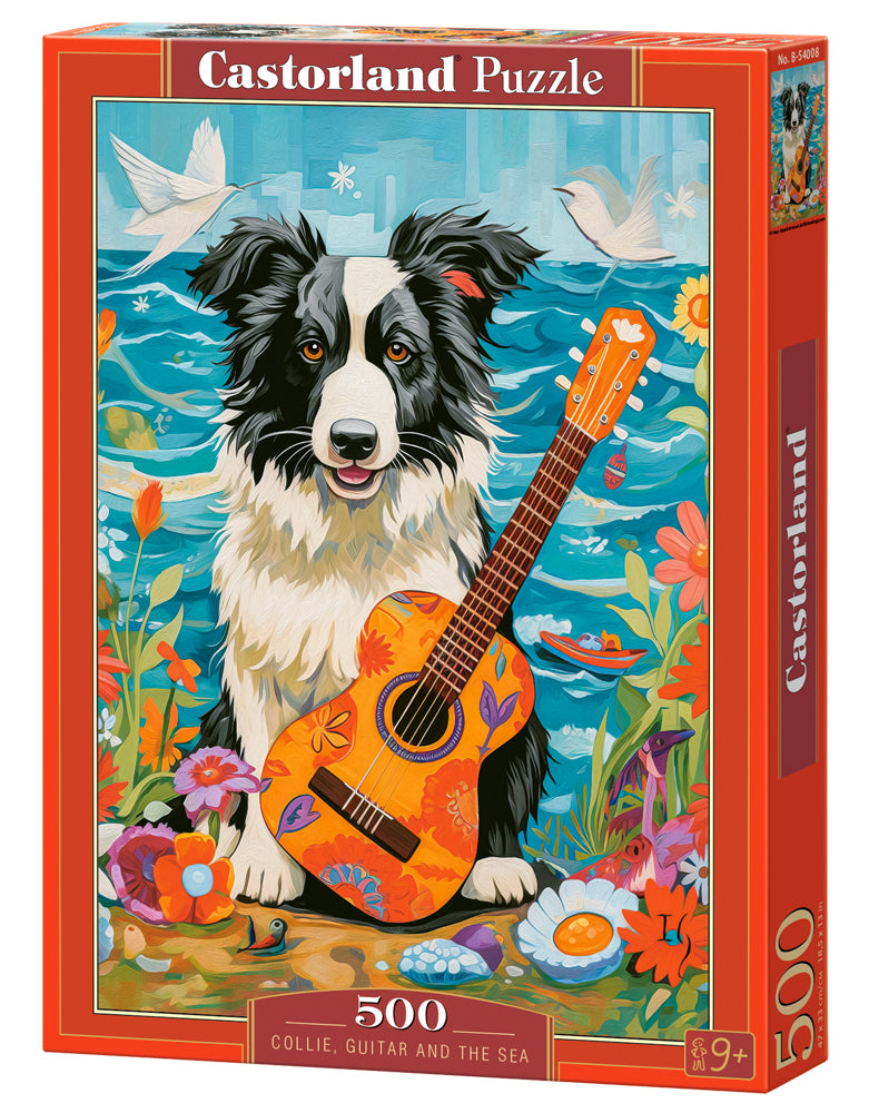 500 Piece Jigsaw Puzzle, Collie, Guitar and the Sea