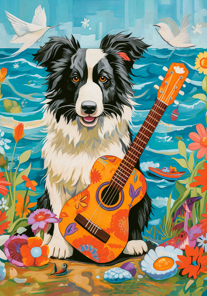 500 Piece Jigsaw Puzzle, Collie, Guitar and the Sea