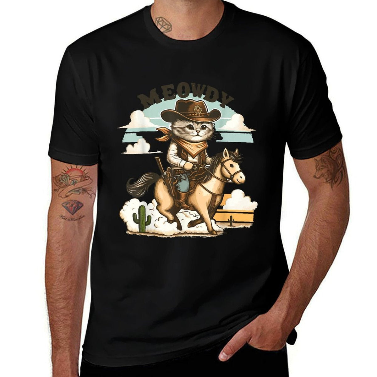 Meowdy Partner Cat Cowboy Horse Howdy Funny Country Western Tagless Design T-Shirt